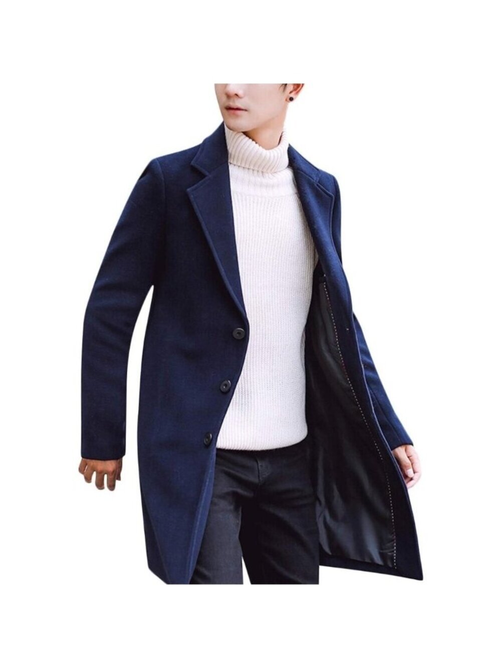 Men's Navy Wool Blend Pea Coat Collar Single Breasted Overcoat Trench Coat